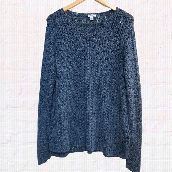 J. Jill Sweater Womens Large Blue Open Knit Marled Long Sleeve Scoop Neck - Picture 1 of 8